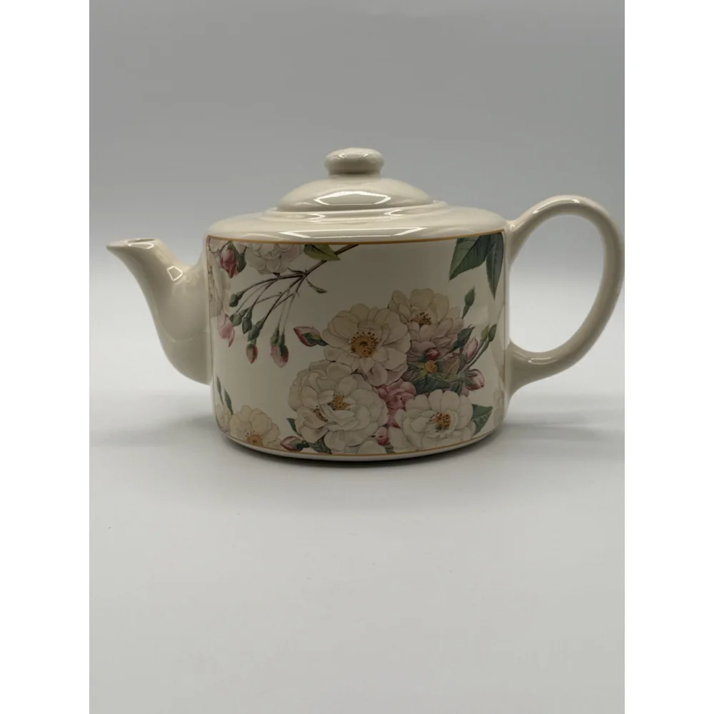 Vintage Hallmark Hawthorne Manor Floral Wild Roses Flat Top Teapot Gold Accents